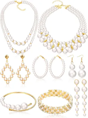 BBTO 8 Pcs Pearl Necklace and Earrings Set for Women Faux Pearl Bracelets Costume Jewelry Set for Wedding Bridal Shower Graduation Birthdays Dance Balls Party Mother's Day Gifts