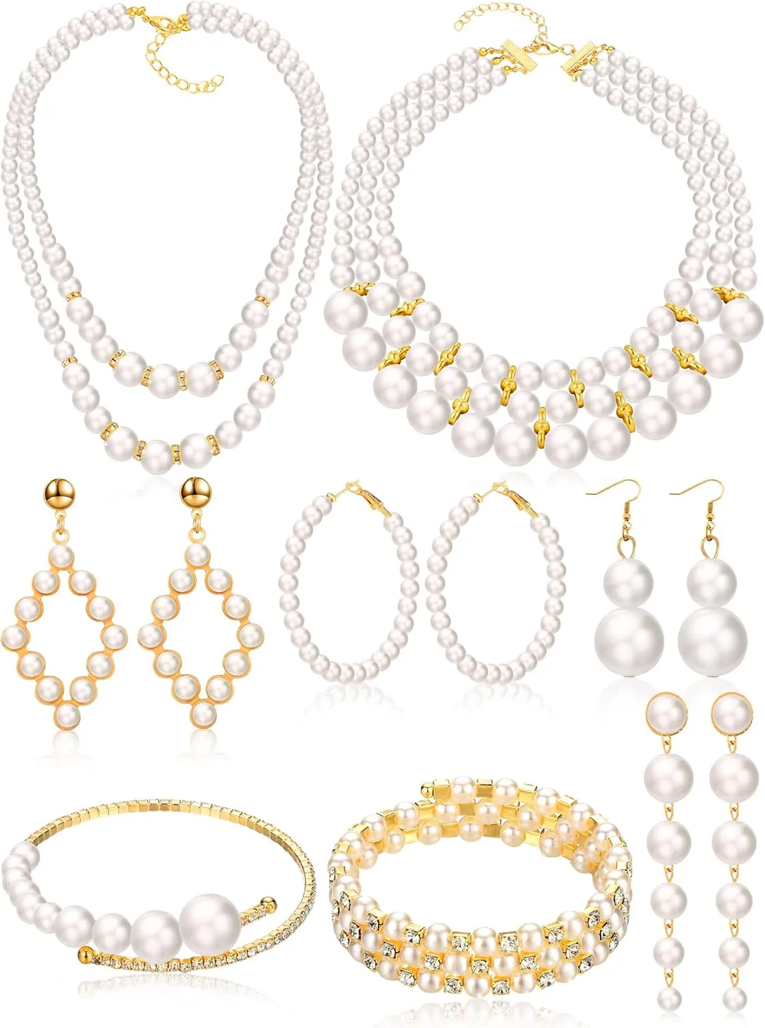 BBTO 8 Pcs Pearl Necklace and Earrings Set for Women Faux Pearl Bracelets Costume Jewelry Set for Wedding Bridal Shower Graduation Birthdays Dance Balls Party Mother's Day Gifts