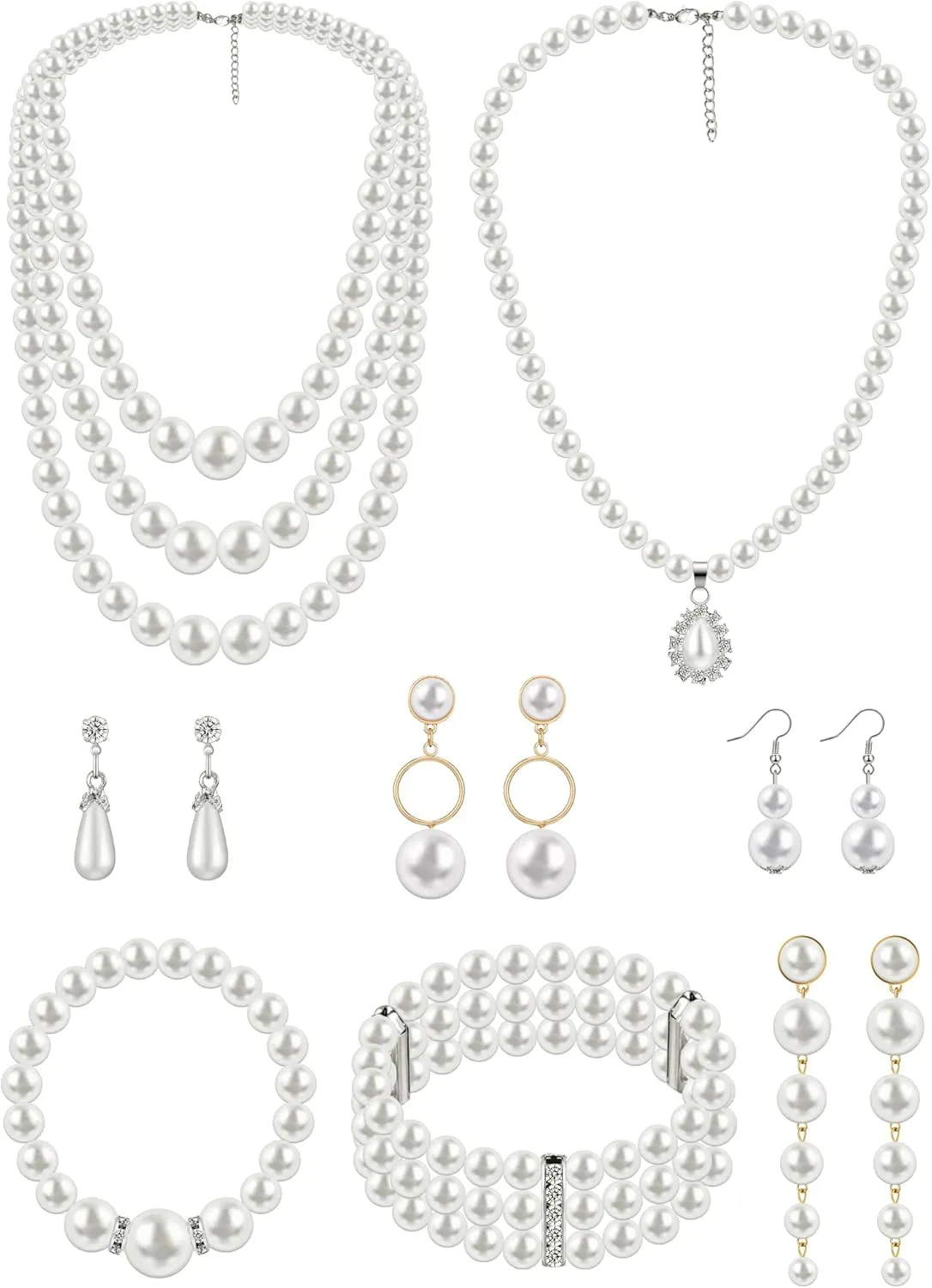 BBTO 8 Pcs Pearl Necklace and Earrings Set for Women Faux Pearl Bracelets Costume Jewelry Set for Wedding Bridal Shower Graduation Birthdays Dance Balls Party Mother's Day Gifts