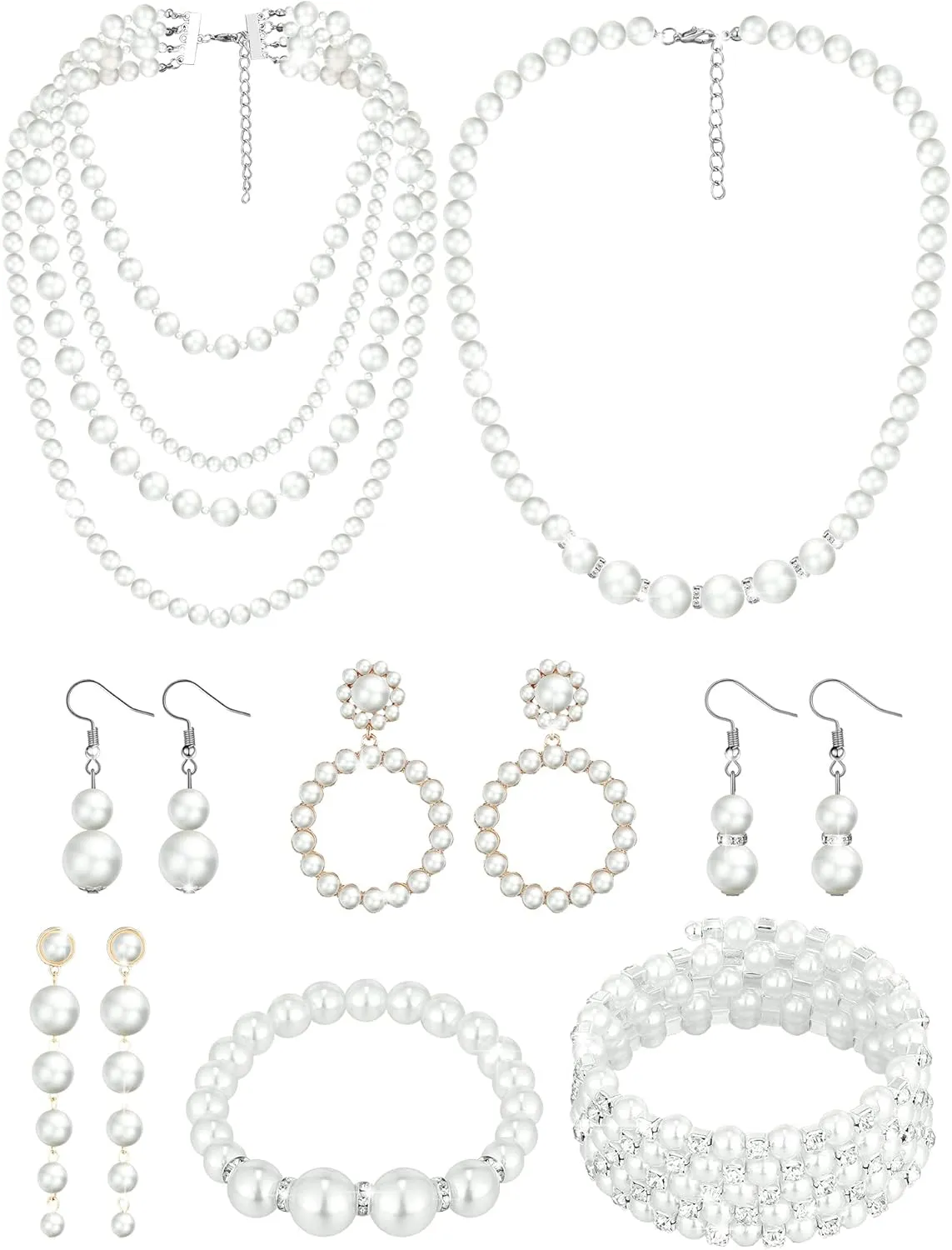 BBTO 8 Pcs Pearl Necklace and Earrings Set for Women Faux Pearl Bracelets Costume Jewelry Set for Wedding Bridal Shower Graduation Birthdays Dance Balls Party Mother's Day Gifts