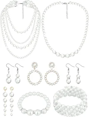 BBTO 8 Pcs Pearl Necklace and Earrings Set for Women Faux Pearl Bracelets Costume Jewelry Set for Wedding Bridal Shower Graduation Birthdays Dance Balls Party Mother's Day Gifts