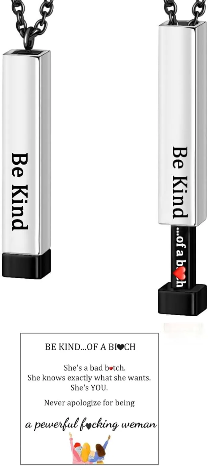 Be Kind Of A B Necklaces, Square Tubes Pendant with Hidden Message Stainless Steel Band Friendship To Best Friends Sorority Sisters Inspirational Gift Jewelry for Women