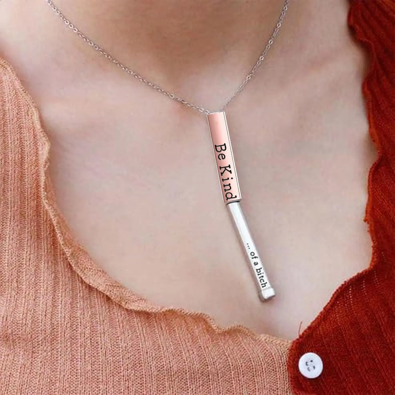 Be Kind...Of A Bich - Hidden Message Necklace, Be Kind...Of A Bich - 3D Engraving Vertical Bar Necklace Stainless Steel Encouragement Mantra Pendant Necklace for Women Sorority Sisters Friendship Jewelry