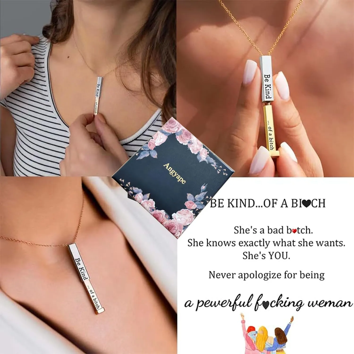 Be Kind...Of A Bich - Hidden Message Necklace, Be Kind...Of A Bich - 3D Engraving Vertical Bar Necklace Stainless Steel Encouragement Mantra Pendant Necklace for Women Sorority Sisters Friendship Jewelry