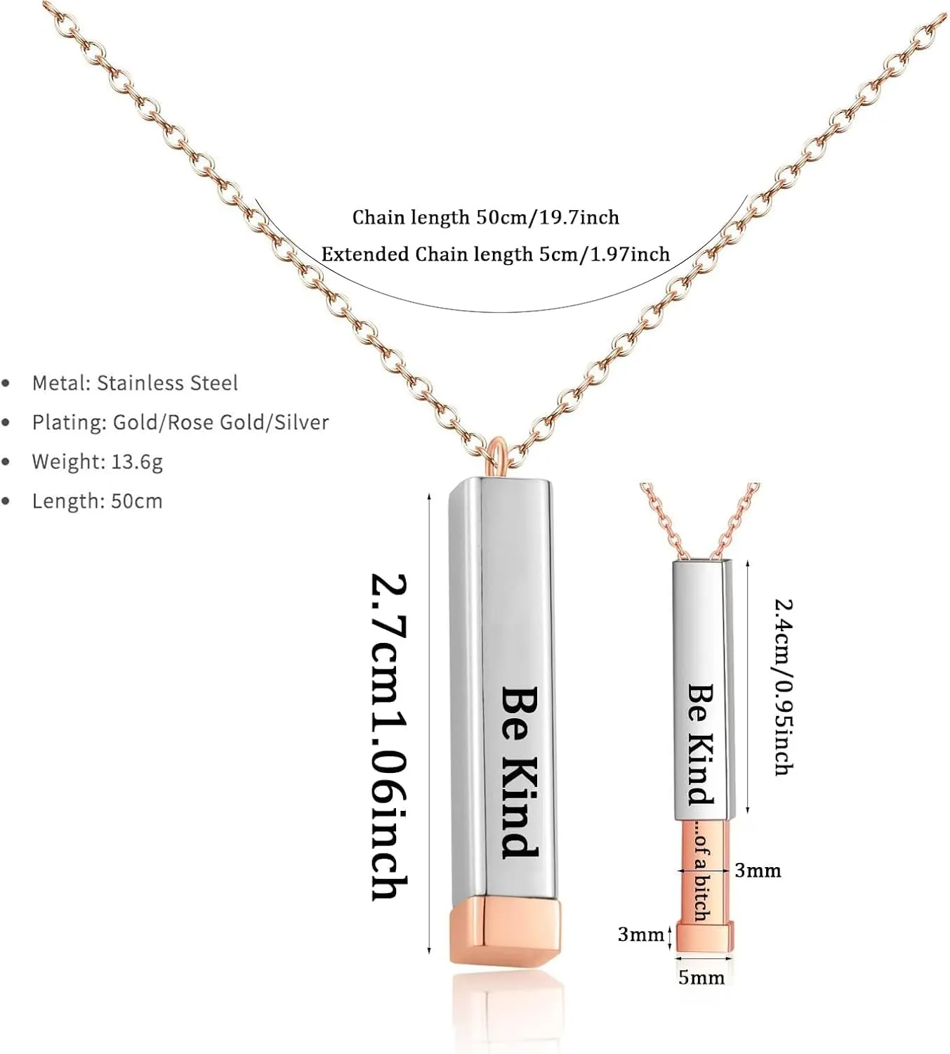 Be Kind...Of A Bich - Hidden Message Necklace, Be Kind...Of A Bich - 3D Engraving Vertical Bar Necklace Stainless Steel Encouragement Mantra Pendant Necklace for Women Sorority Sisters Friendship Jewelry