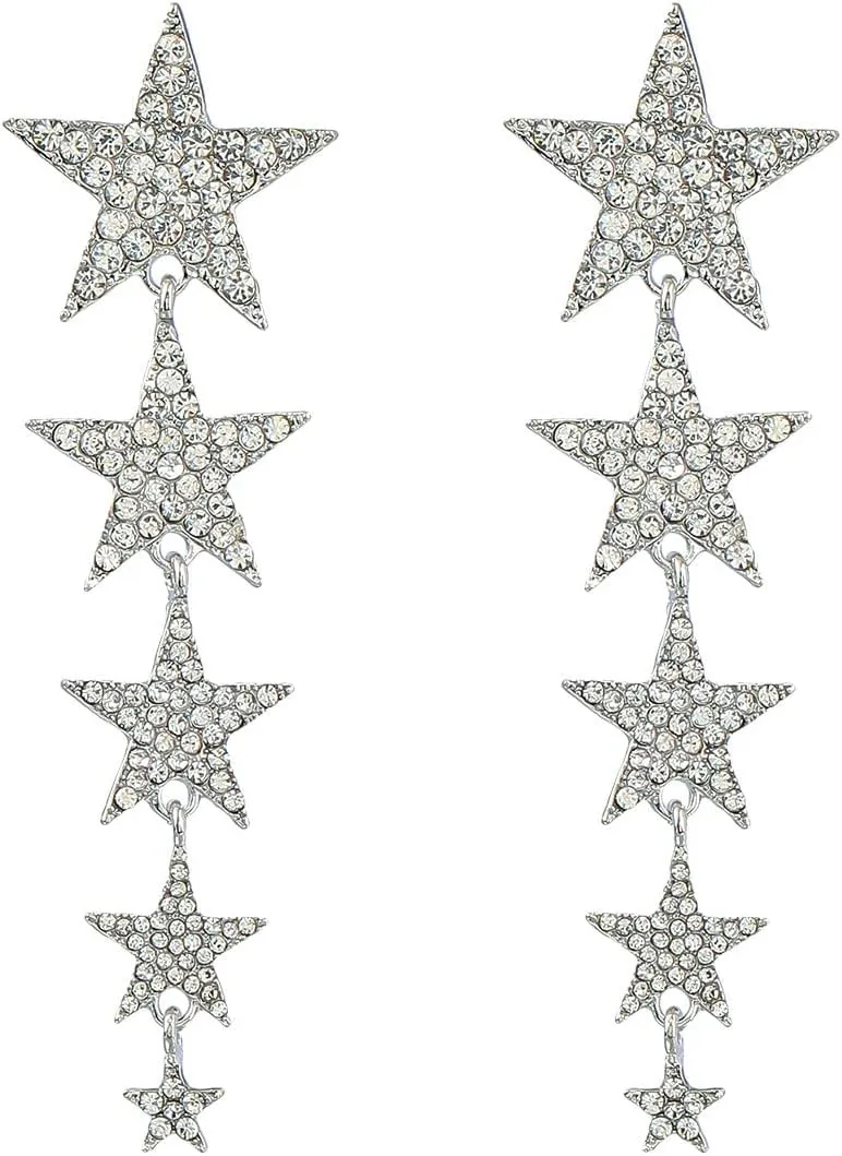 Big Long Crystal Star Tassel Drop Dangle Earrings Rhinestone Geometric Five-Pointed for Women Wedding Lightweight Sparkle Party Jewelry