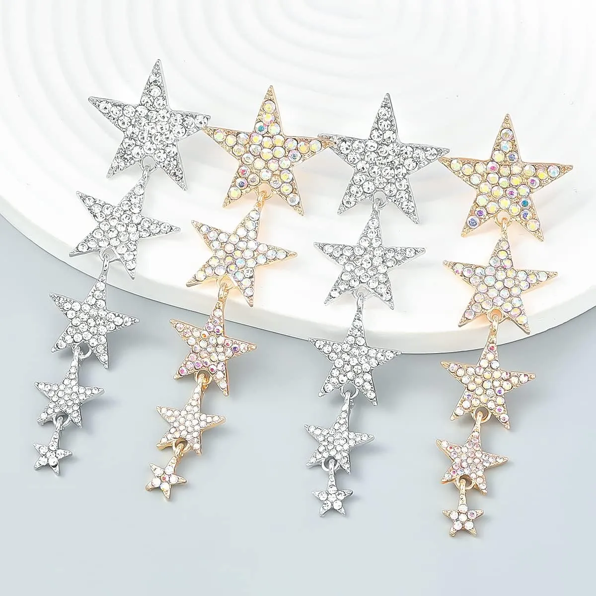 Big Long Crystal Star Tassel Drop Dangle Earrings Rhinestone Geometric Five-Pointed for Women Wedding Lightweight Sparkle Party Jewelry