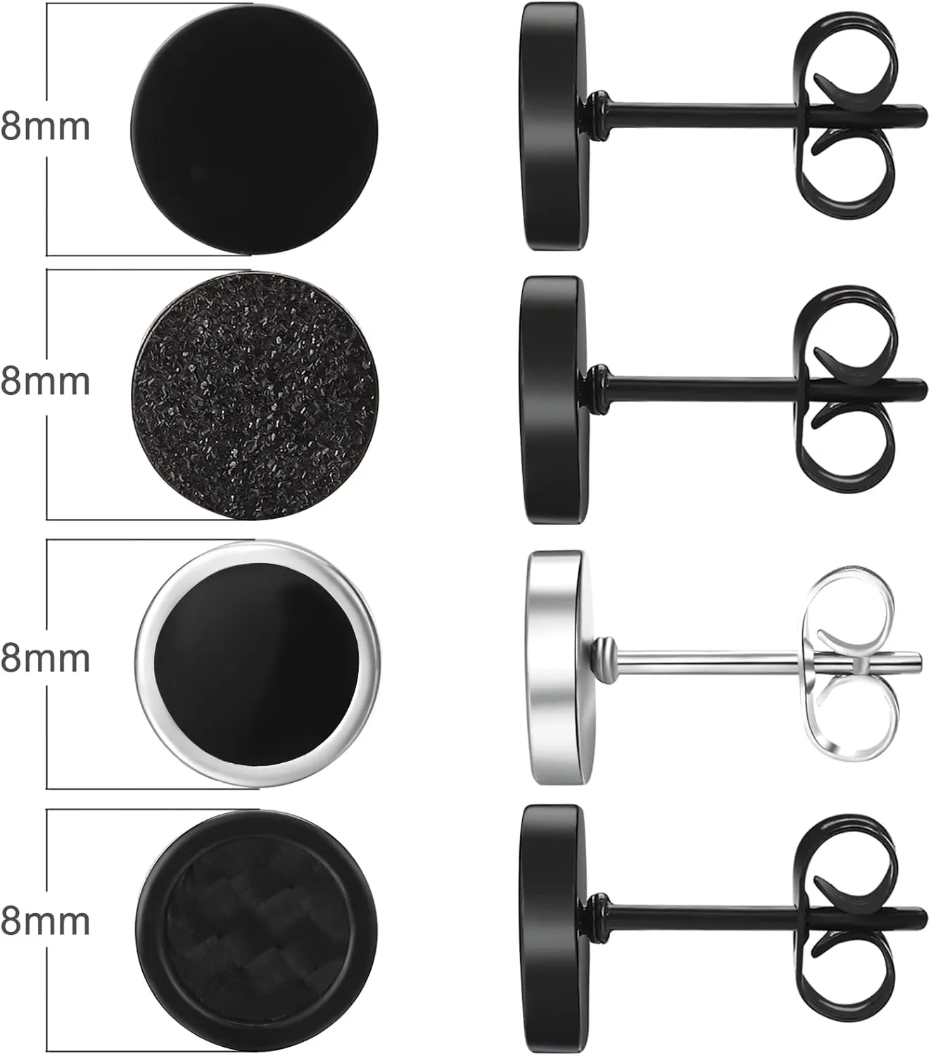 Black Round Stud Earrings Set Stainless Steel Ear Studs for Men Women 4 Pairs 6MM 8MM 10MM