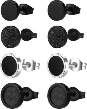 Black Round Stud Earrings Set Stainless Steel Ear Studs for Men Women 4 Pairs 6MM 8MM 10MM