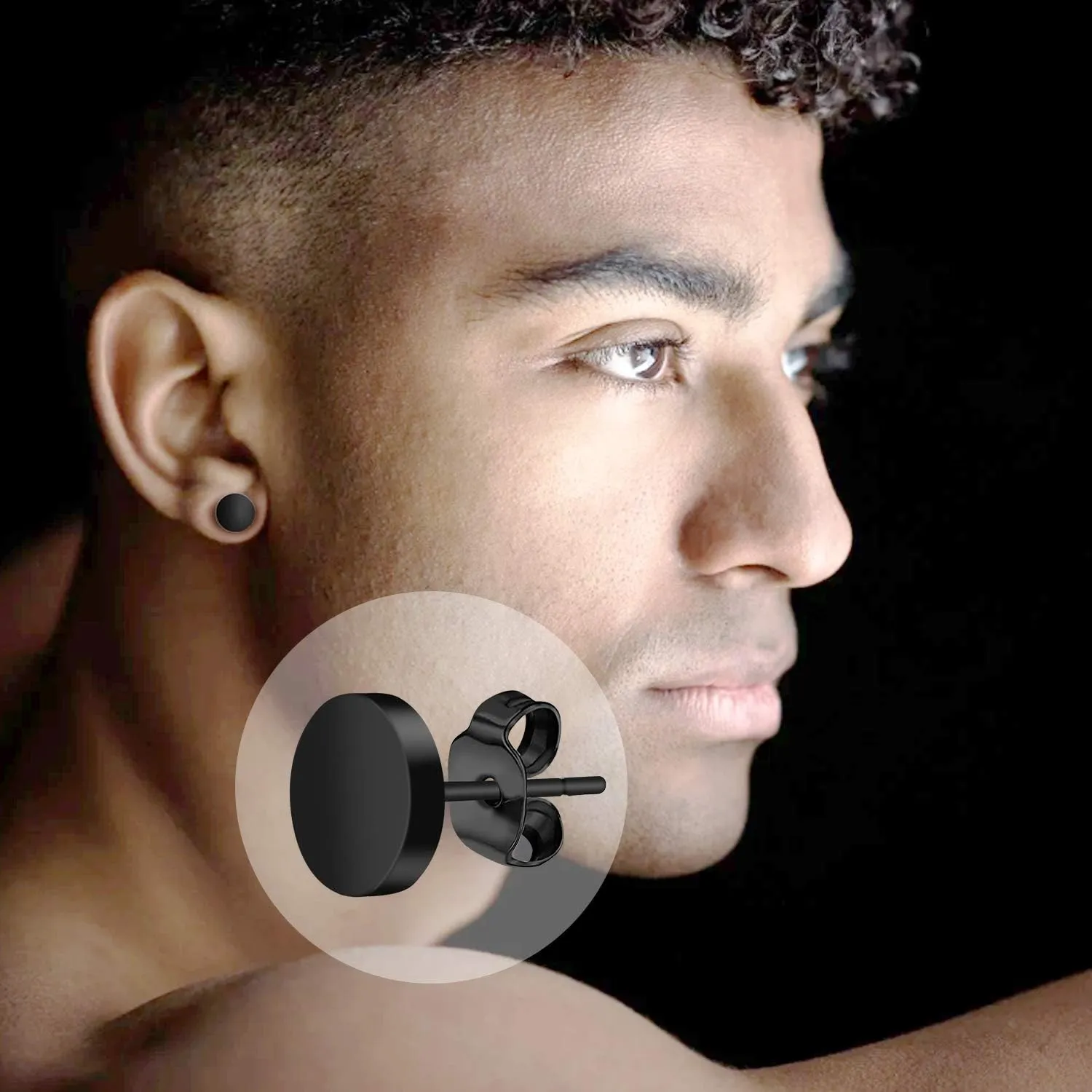 Black Round Stud Earrings Set Stainless Steel Ear Studs for Men Women 4 Pairs 6MM 8MM 10MM