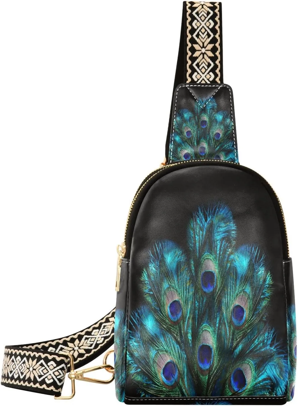 Blue Peacock Feathers Fanny Pack Crossbody PC Leather Small Sling Bag for Women Fashion Waist Packs Chest Bag for Travel Sports Running Hiking