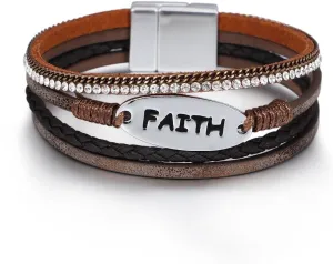 Bohemian Faux Leather Wrap Multi Layer Statement Bracelet Cross Christian Religious Leatherette Cuff Crystal Rhinestone Metallic Bead Inspirational Bracelets