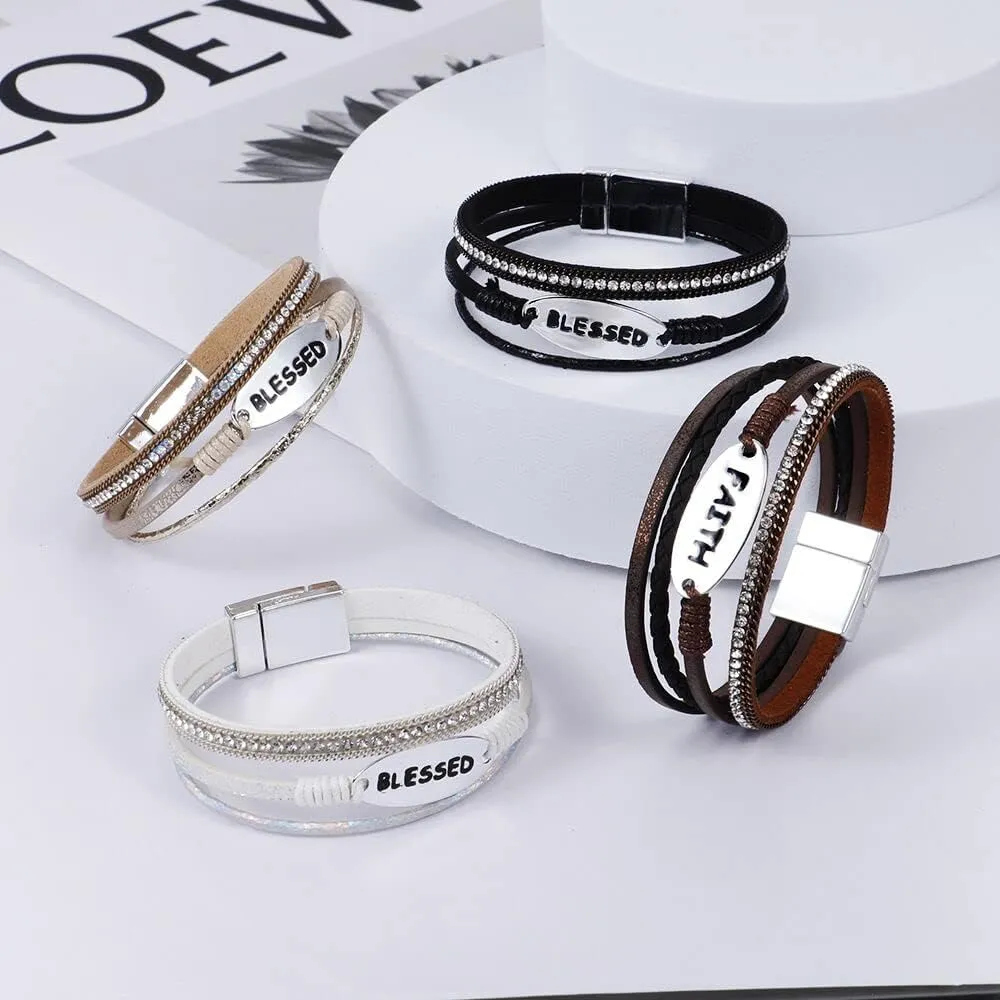 Bohemian Faux Leather Wrap Multi Layer Statement Bracelet Cross Christian Religious Leatherette Cuff Crystal Rhinestone Metallic Bead Inspirational Bracelets