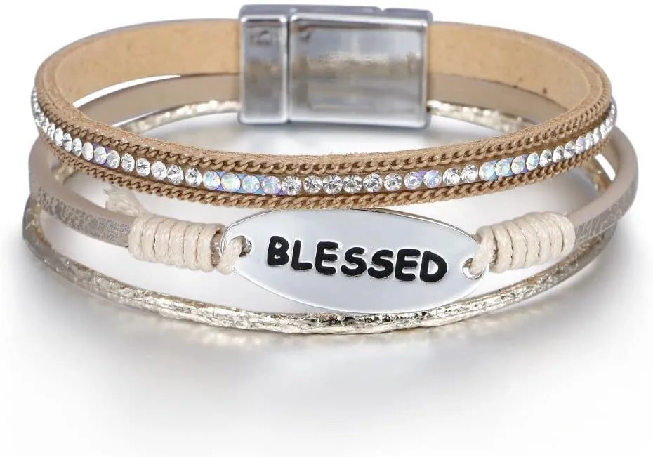 Bohemian Faux Leather Wrap Multi Layer Statement Bracelet Cross Christian Religious Leatherette Cuff Crystal Rhinestone Metallic Bead Inspirational Bracelets