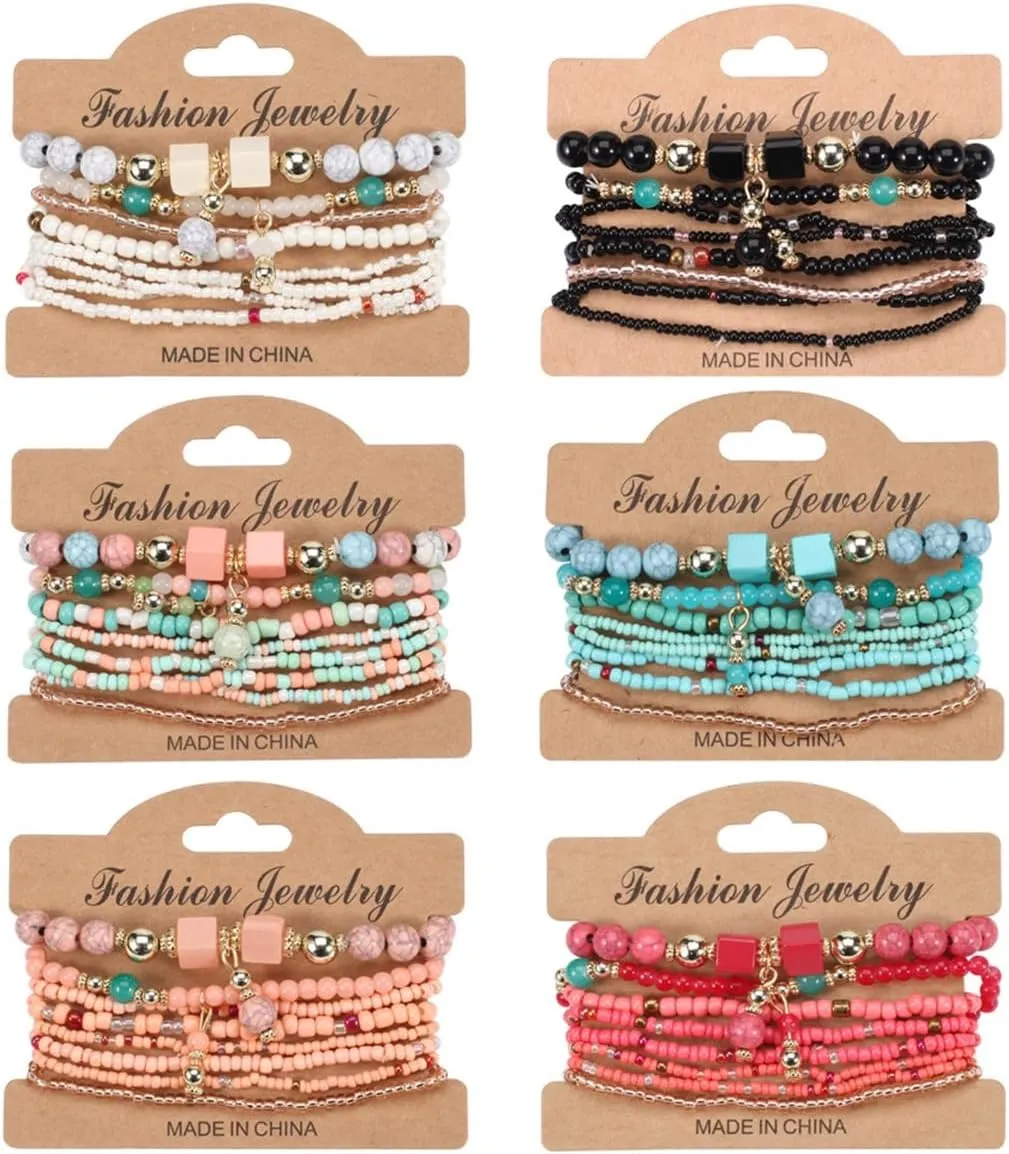 Bohemian Stackable Bead Bracelets Handmade Strand Stretch Bracelets Adjustable Boho Charms Bangles Strand Jewelry for Women