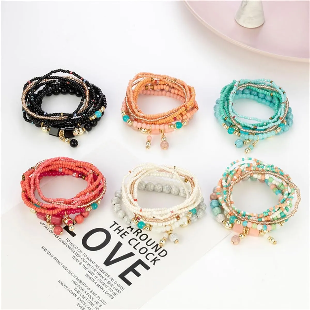 Bohemian Stackable Bead Bracelets Handmade Strand Stretch Bracelets Adjustable Boho Charms Bangles Strand Jewelry for Women