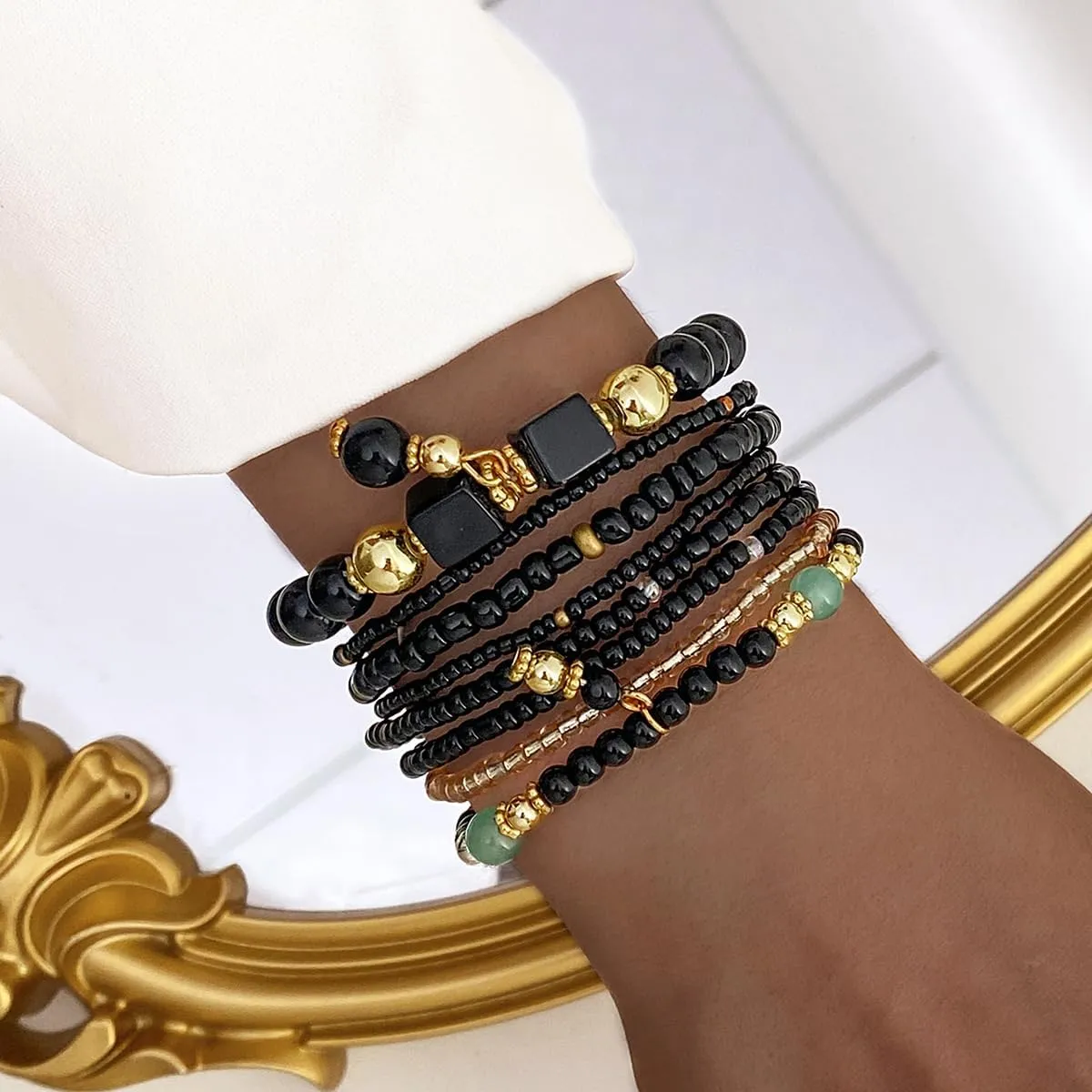 Bohemian Stackable Bead Bracelets Handmade Strand Stretch Bracelets Adjustable Boho Charms Bangles Strand Jewelry for Women