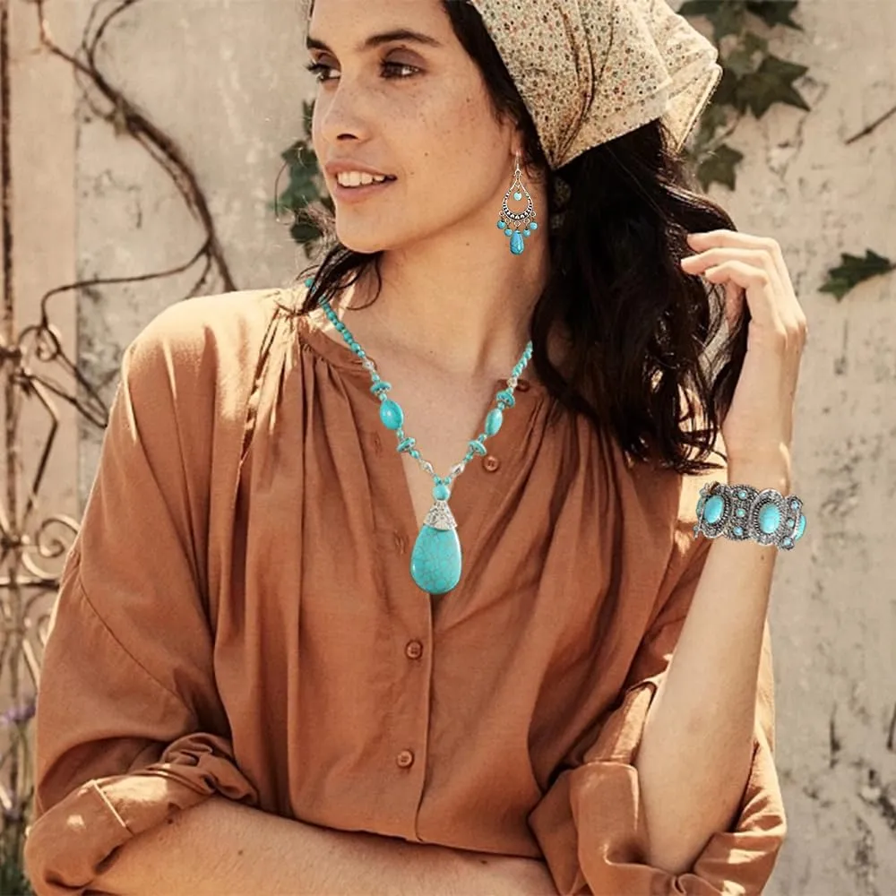Bohemian Turquoise Necklace Set - Women's Western Jewelry with Long Choker, Pendant, Dangle Earrings, Layered Bracelets