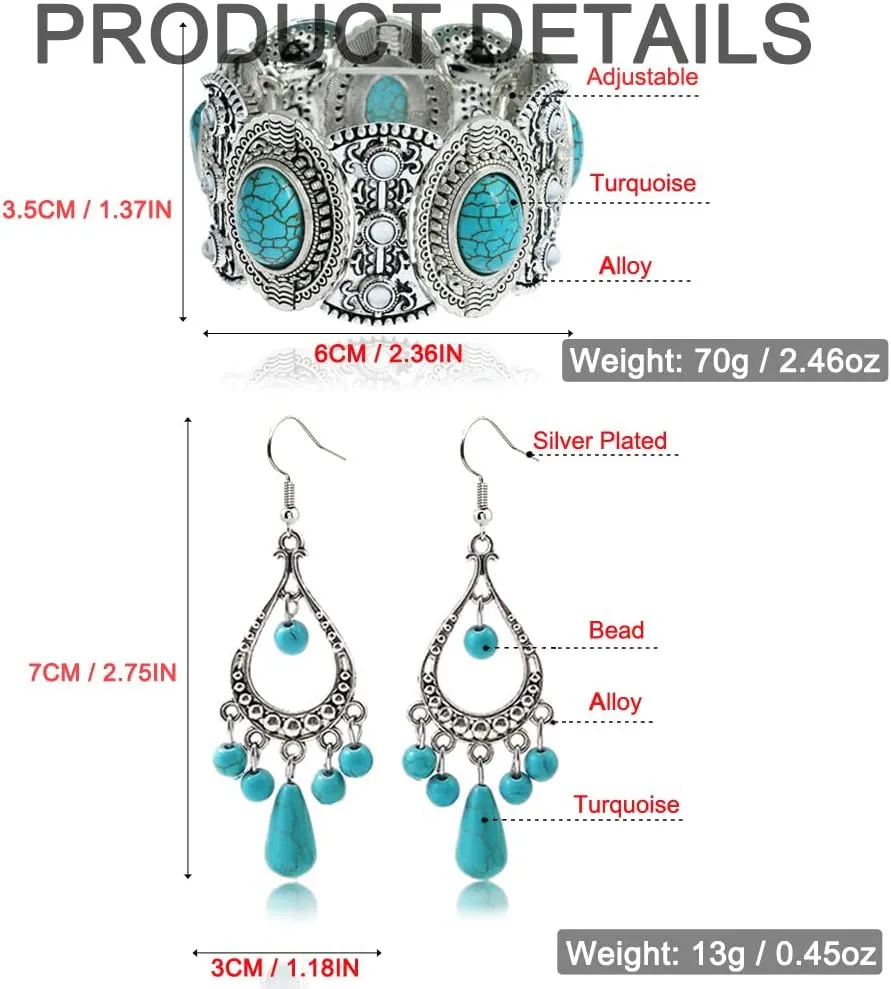 Bohemian Turquoise Necklace Set - Women's Western Jewelry with Long Choker, Pendant, Dangle Earrings, Layered Bracelets