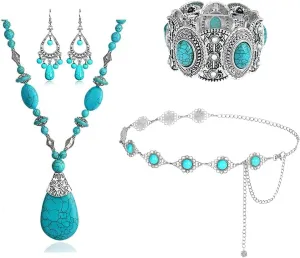 Bohemian Turquoise Necklace Set - Women's Western Jewelry with Long Choker, Pendant, Dangle Earrings, Layered Bracelets