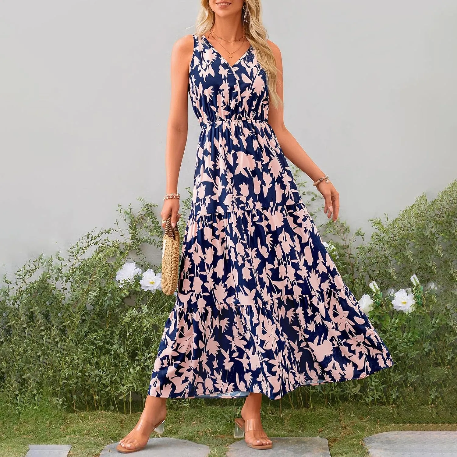 Boho Dresses for Women 2025 Summer Casual Flowy Floral Sleeveless Wrap Empire Waist Pleated Beach A Line Maxi Dresses