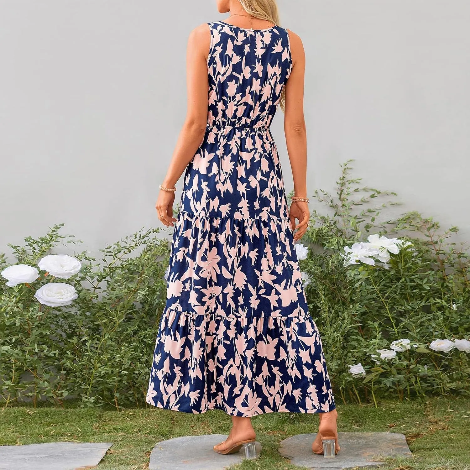 Boho Dresses for Women 2025 Summer Casual Flowy Floral Sleeveless Wrap Empire Waist Pleated Beach A Line Maxi Dresses