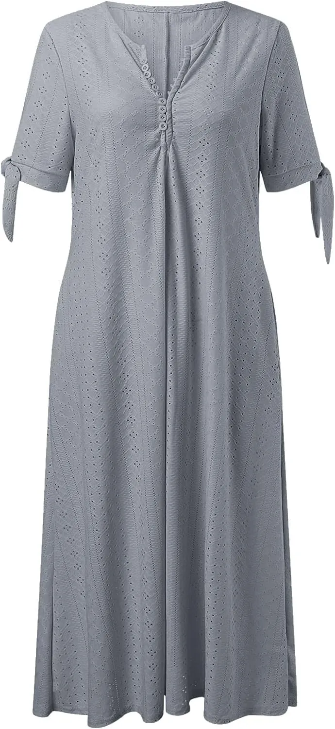 Boho Eyelet Dresses for Women Midi Length Button V Neck Tie Knot Short Sleeve Flowy A-Line Beach Vacation Dress with Pockets