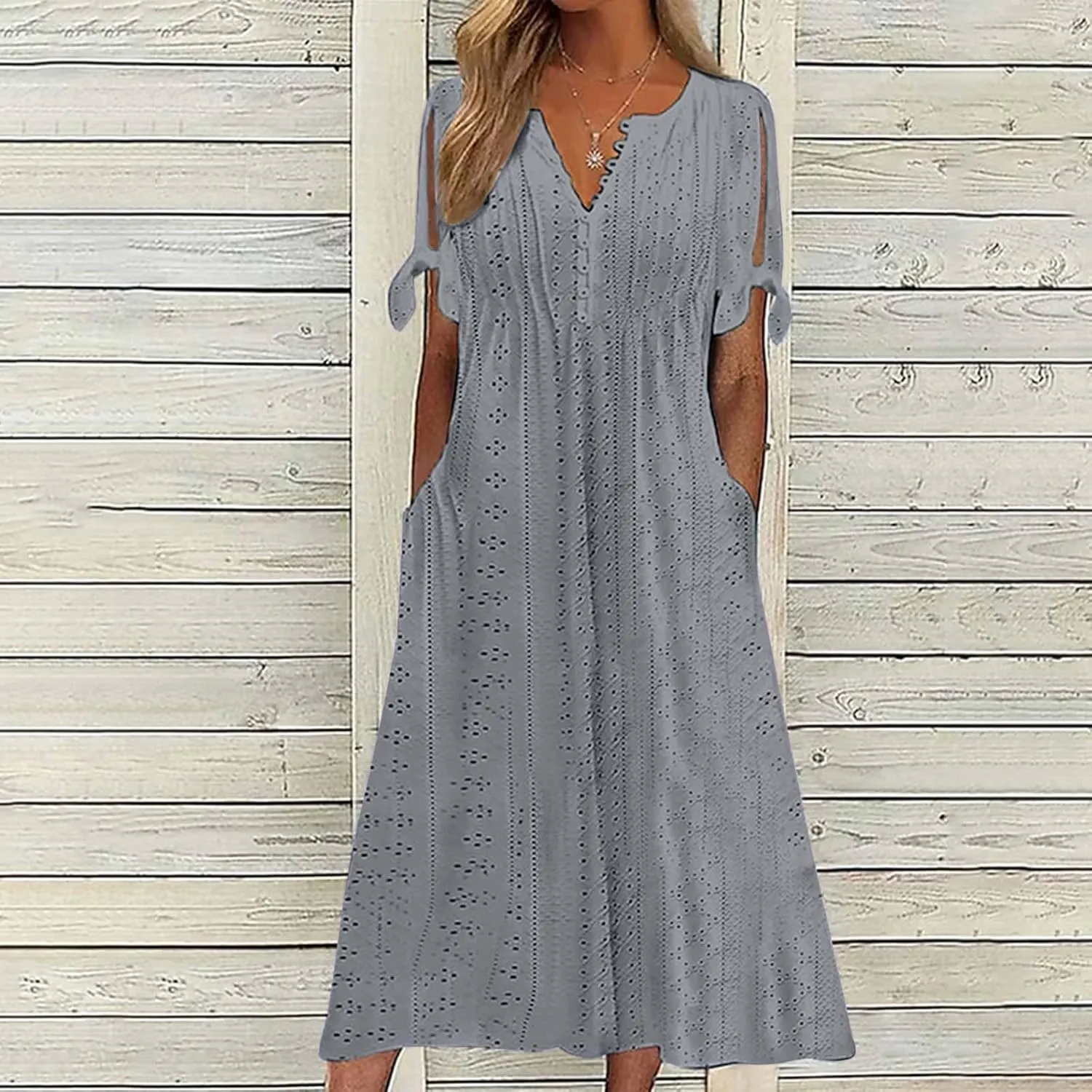 Boho Eyelet Dresses for Women Midi Length Button V Neck Tie Knot Short Sleeve Flowy A-Line Beach Vacation Dress with Pockets