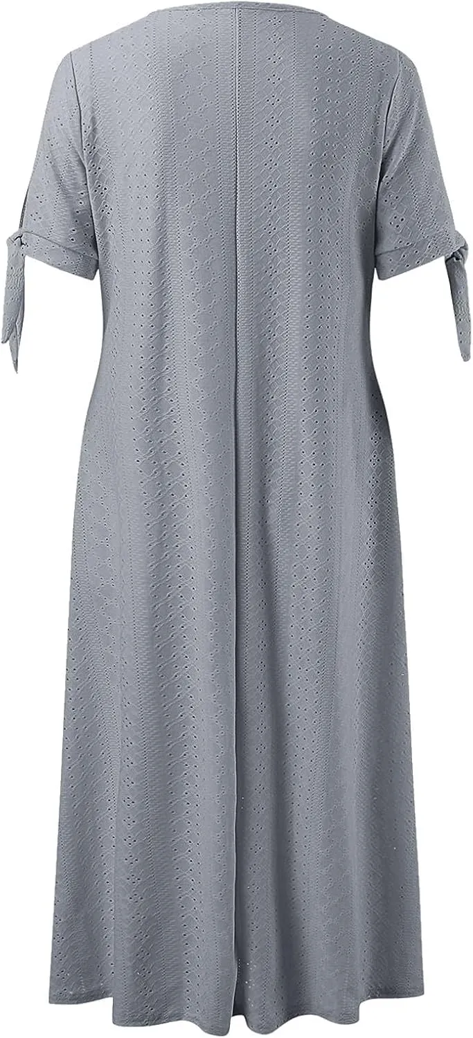 Boho Eyelet Dresses for Women Midi Length Button V Neck Tie Knot Short Sleeve Flowy A-Line Beach Vacation Dress with Pockets