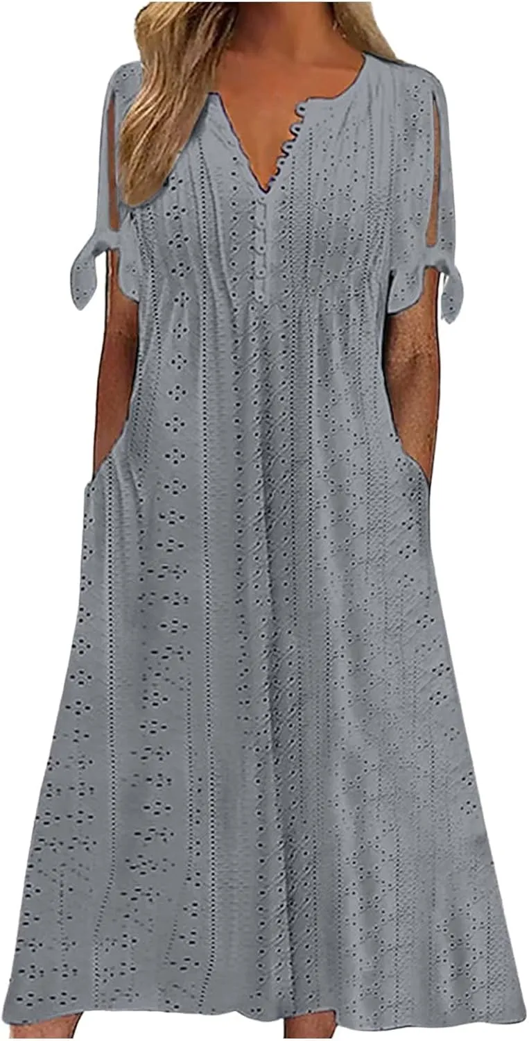 Boho Eyelet Dresses for Women Midi Length Button V Neck Tie Knot Short Sleeve Flowy A-Line Beach Vacation Dress with Pockets