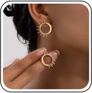Boho Open Circle Hoop Earrings Gold Sunburst Earrings Sun Moon Stud Earrings Vintage Crescent Moon Earrings Statement Round Earrings Jewelry for Women