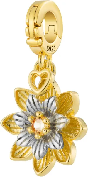 Bolenvi Realistic Flowers Open Clasp Clip On Pendant, Jewelry for Mother's Day, Calla Lily Gold Accent, 925 Sterling Silver Charms Compatible With Pandora & Other Charm Bracelets/Necklaces