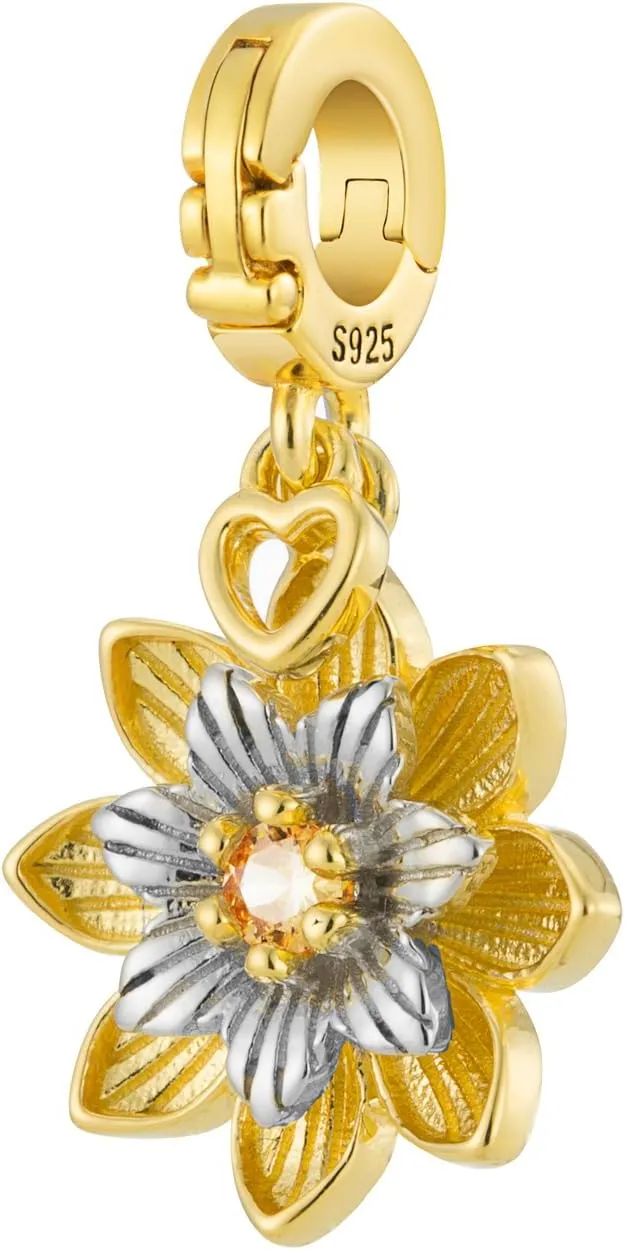 Bolenvi Realistic Flowers Open Clasp Clip On Pendant, Jewelry for Mother's Day, Calla Lily Gold Accent, 925 Sterling Silver Charms Compatible With Pandora & Other Charm Bracelets/Necklaces