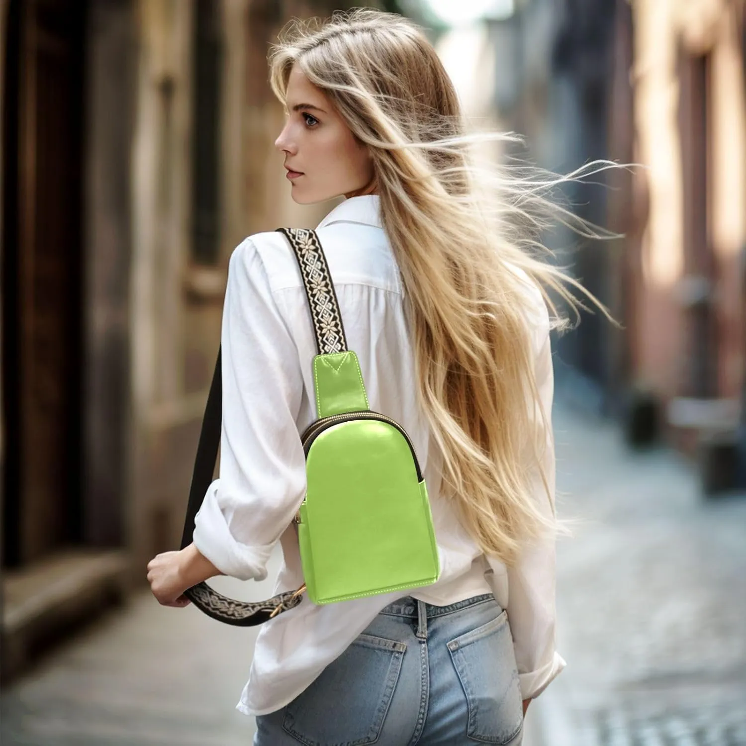 Bright Green Sling Bag for Women Men Fanny Packs Small Crossbody Bags for Women Leather Belt Bag Fashion Waist Packs Waterproof Chest Bag for Sport Hiking Travel Running