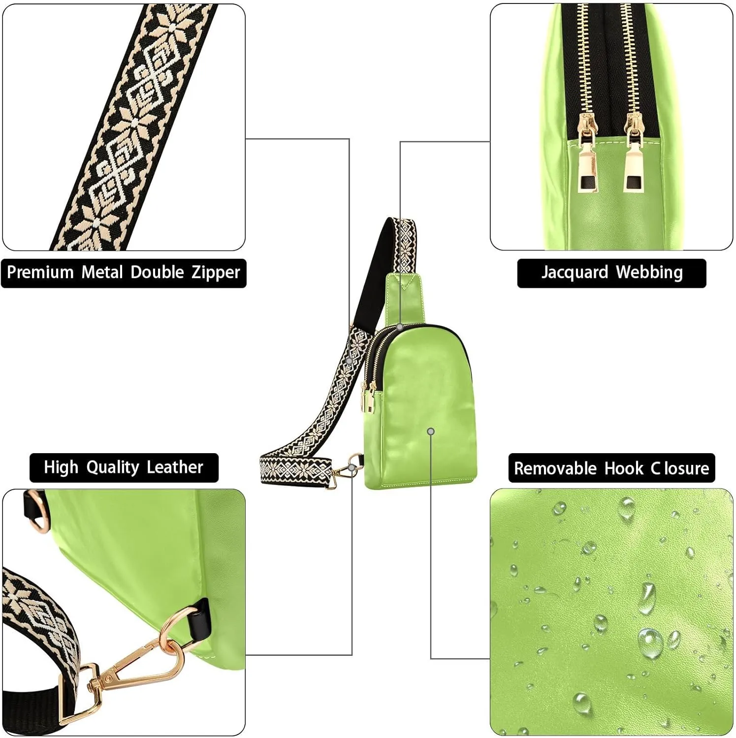 Bright Green Sling Bag for Women Men Fanny Packs Small Crossbody Bags for Women Leather Belt Bag Fashion Waist Packs Waterproof Chest Bag for Sport Hiking Travel Running