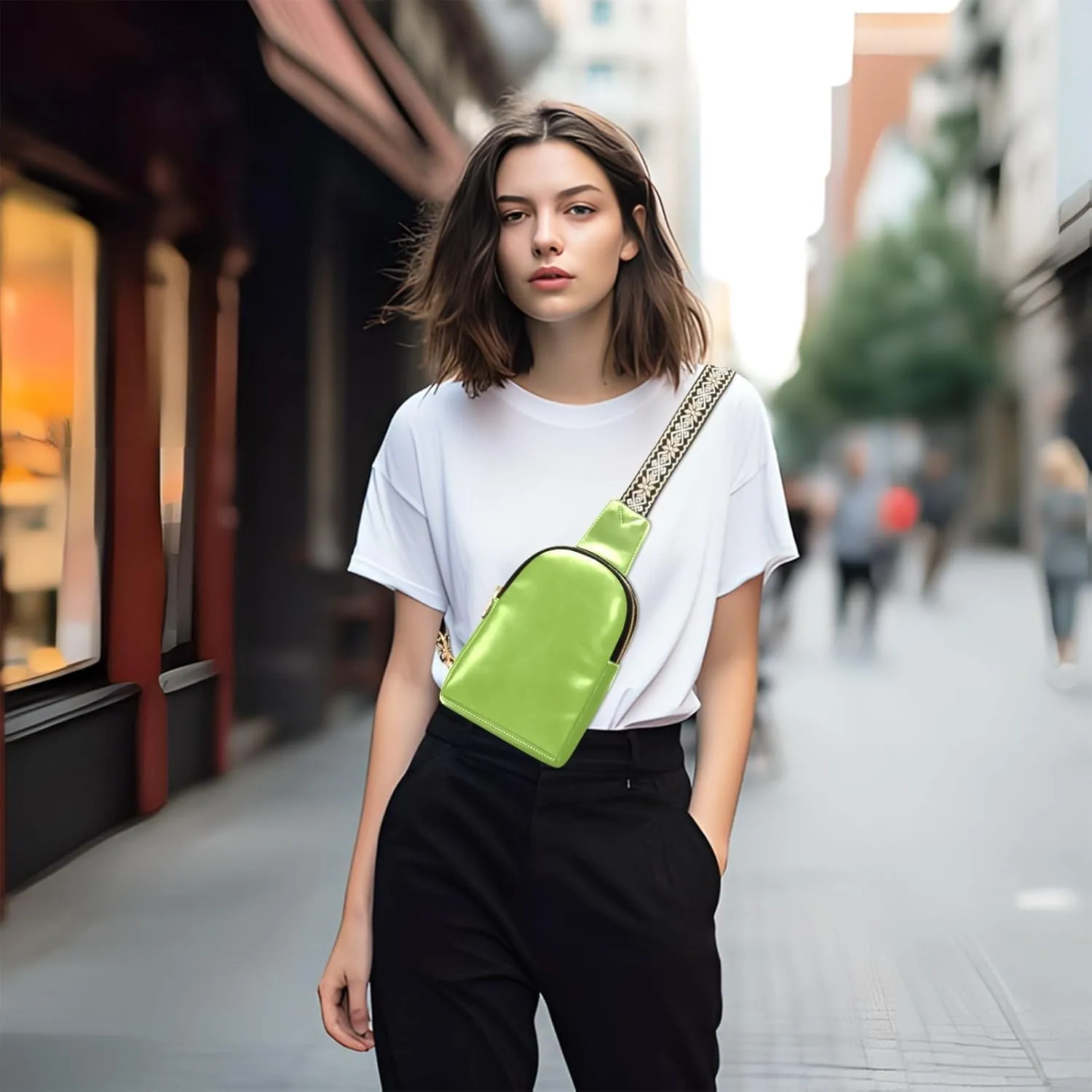 Bright Green Sling Bag for Women Men Fanny Packs Small Crossbody Bags for Women Leather Belt Bag Fashion Waist Packs Waterproof Chest Bag for Sport Hiking Travel Running