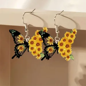 Butterfly Earrings, Elegant Acrylic Butterfly & Sunflower Pendant Earring Unique Cute Funny Earrings For Women Summer Vacation Casual Jewelry Gift