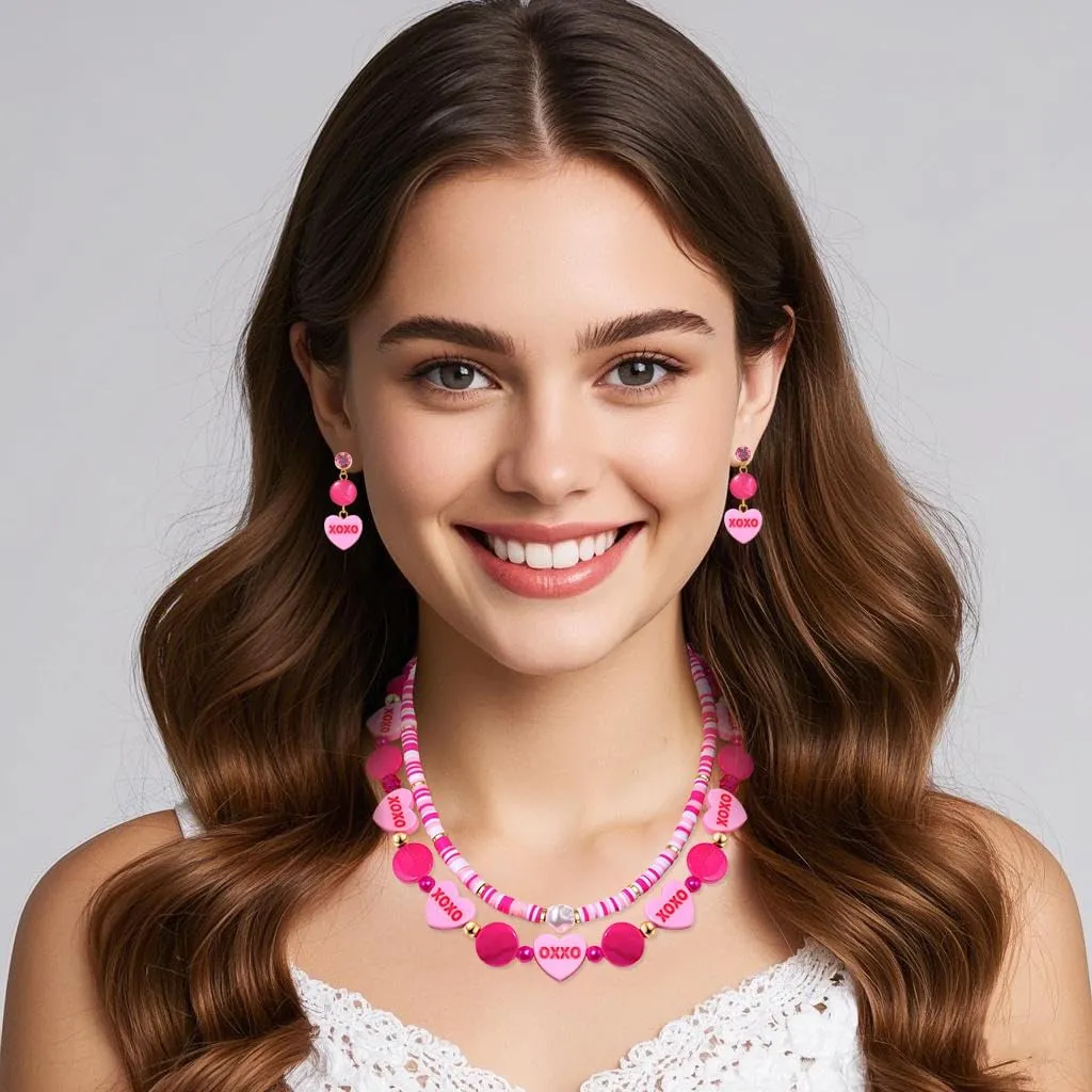 BVGA Valentines Day Jewelry set Gifts for Her Rhinestone Gold Layered heart charm necklace Heart Earrigns Love Heart Message Printed Lucite Arch Dangle Earrings Valentines Day Gifts Date Party Jewelry