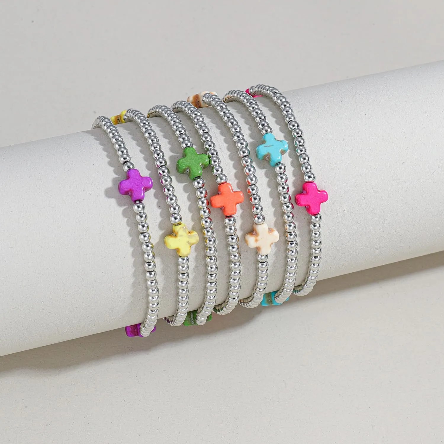 Caiyao Colorful Resin Turquoise Cross Beaded Stretch Braceles Set Bohemia Multilayer Gold Beads Cross Pearl Stackable Bracelet Preppy Friendship Bangles for Women Men Summer Beach Vacation Jewelry