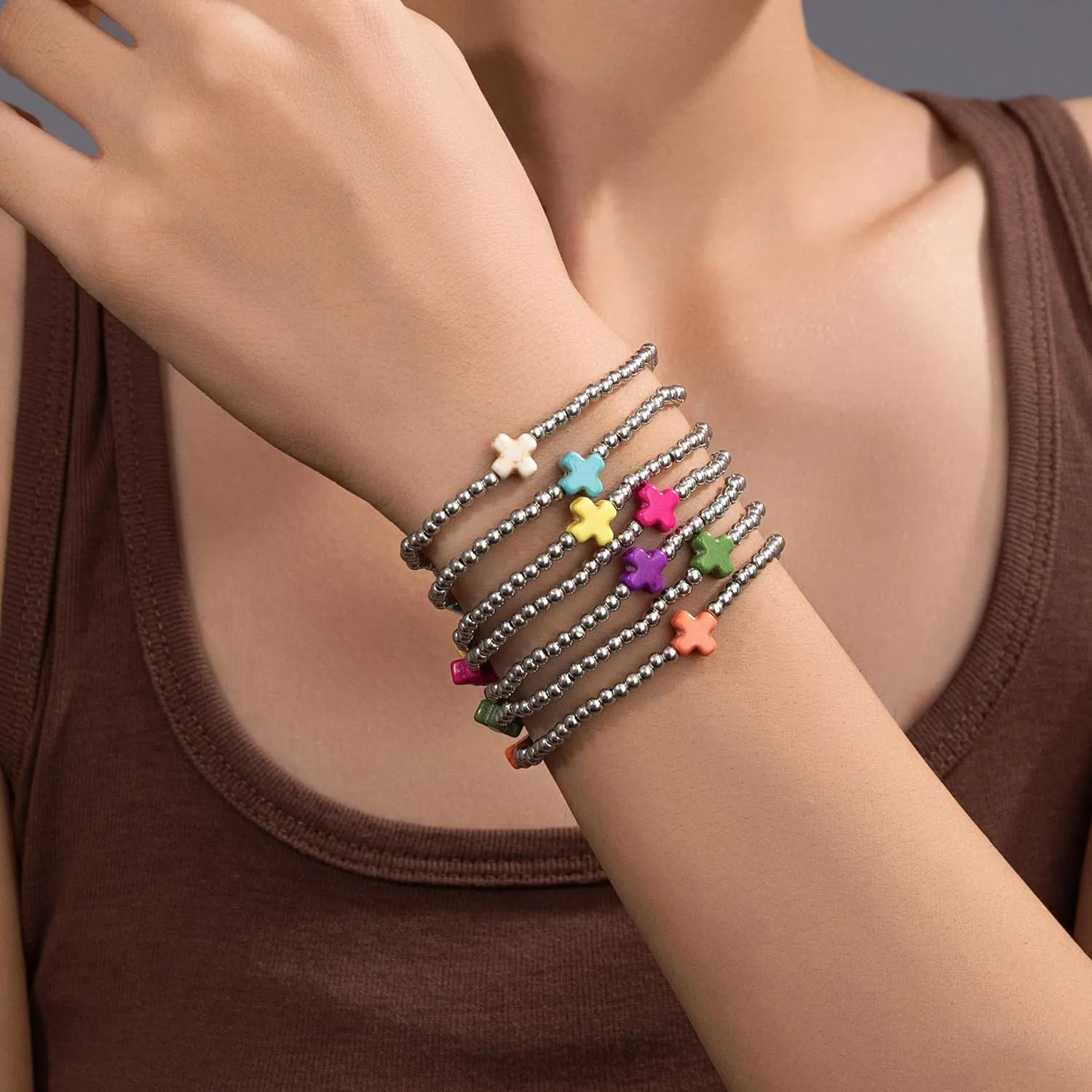 Caiyao Colorful Resin Turquoise Cross Beaded Stretch Braceles Set Bohemia Multilayer Gold Beads Cross Pearl Stackable Bracelet Preppy Friendship Bangles for Women Men Summer Beach Vacation Jewelry