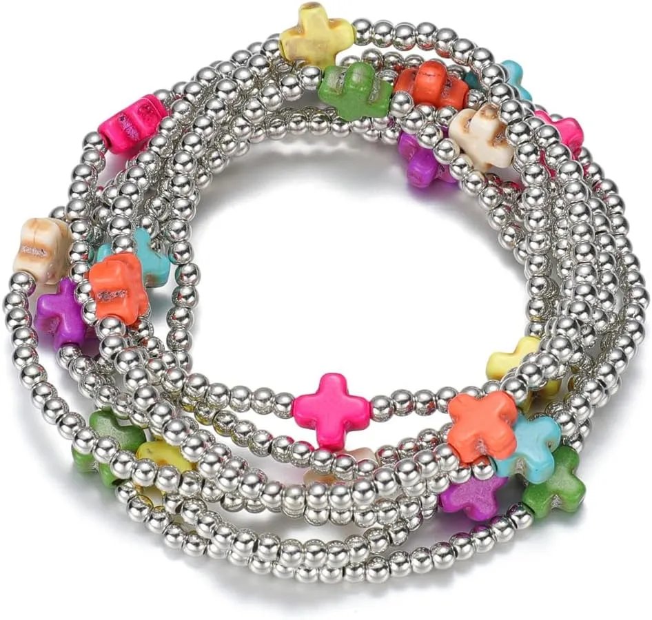 Caiyao Colorful Resin Turquoise Cross Beaded Stretch Braceles Set Bohemia Multilayer Gold Beads Cross Pearl Stackable Bracelet Preppy Friendship Bangles for Women Men Summer Beach Vacation Jewelry