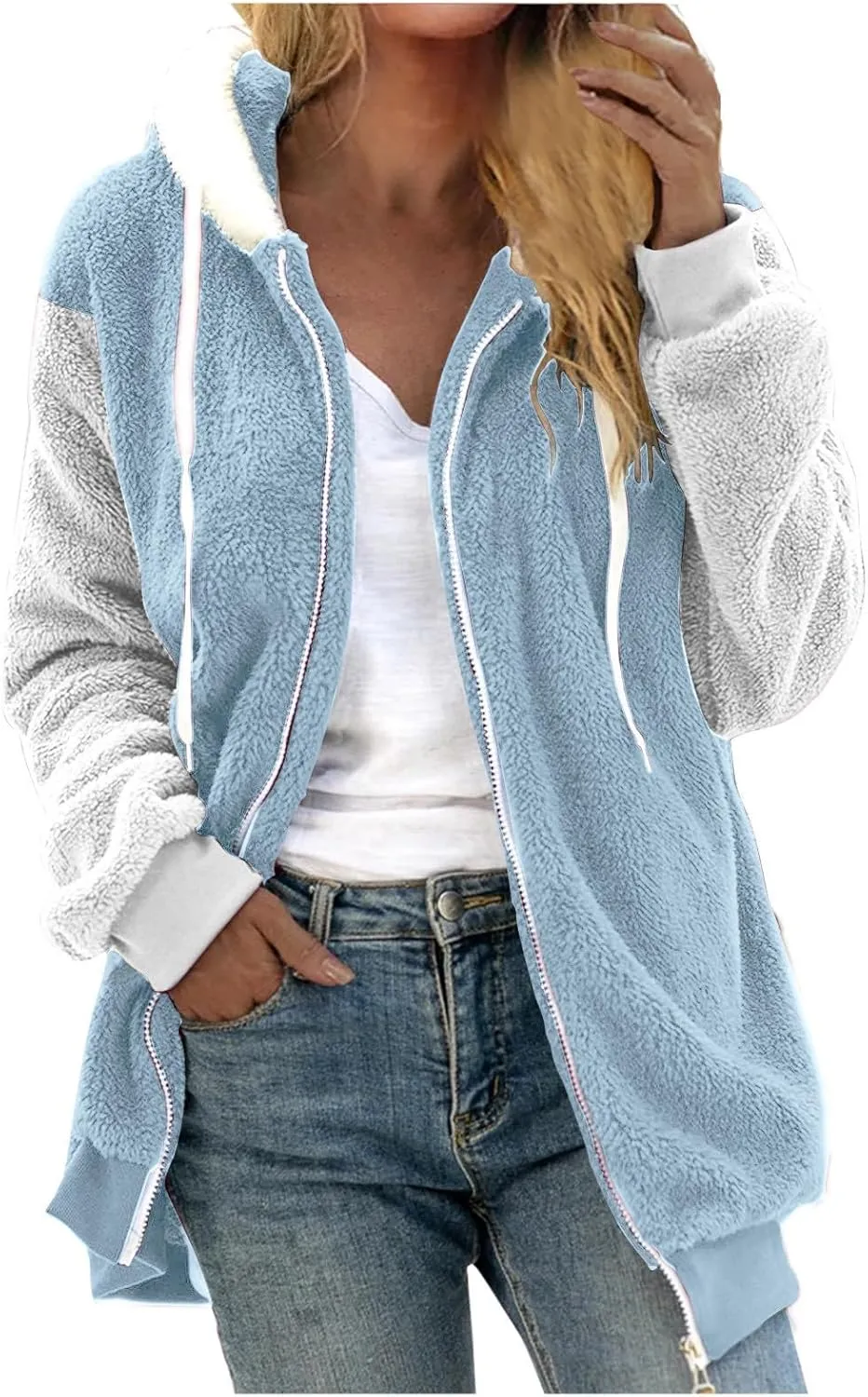 Ceboyel Women Color Block Fleece Jacket Sherpa Teddy Jackets Coat Fleece Fuzzy Cardigans Trendy Warm Winter Clothes 2023