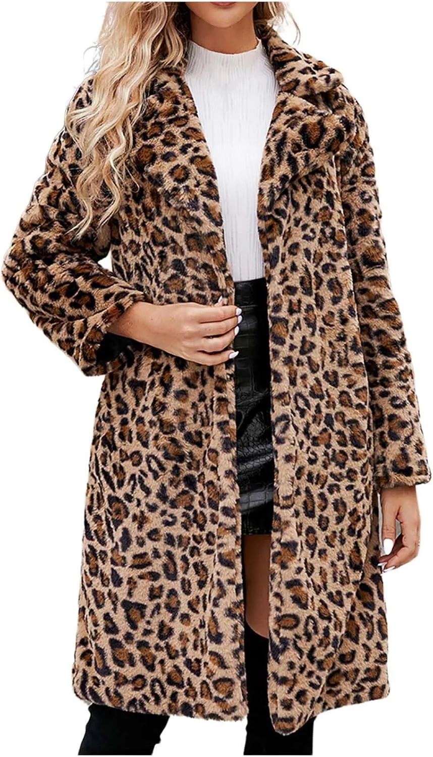 Ceboyel Womens Leopard Fleece Fuzzy Jacket Faux Fur Winter Coat Lapel Open Front Cardigan Fashion Trendy 2023 Outerwear