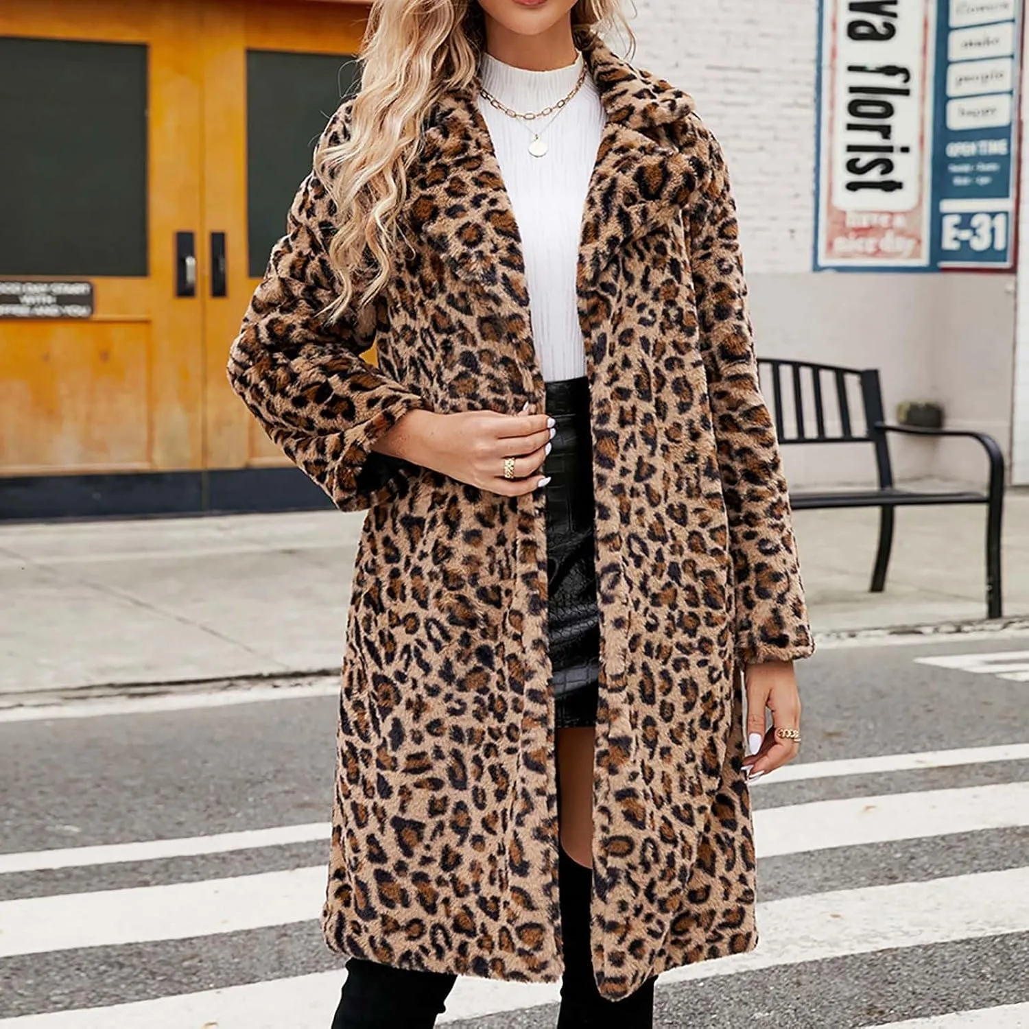 Ceboyel Womens Leopard Fleece Fuzzy Jacket Faux Fur Winter Coat Lapel Open Front Cardigan Fashion Trendy 2023 Outerwear