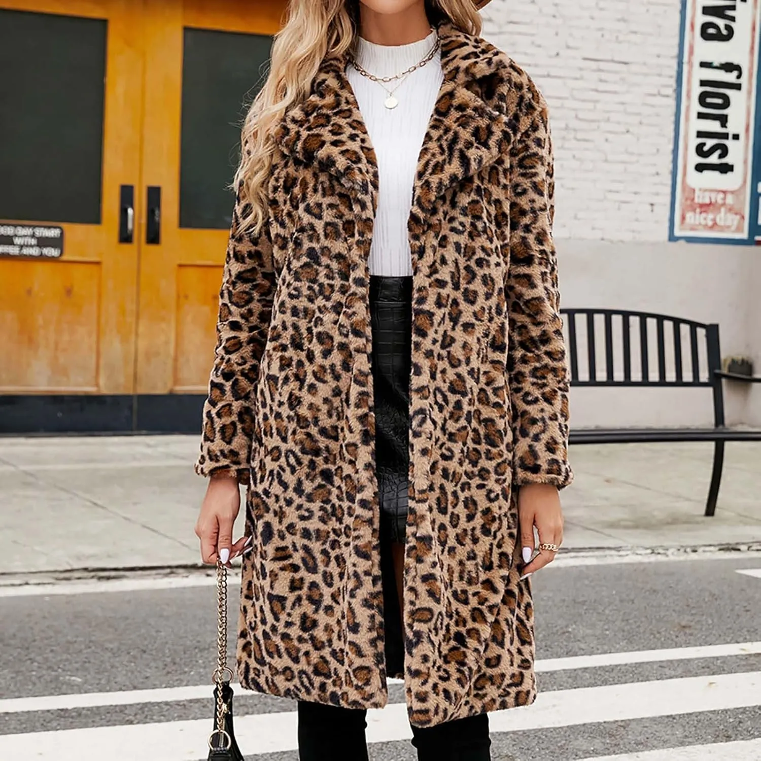 Ceboyel Womens Leopard Fleece Fuzzy Jacket Faux Fur Winter Coat Lapel Open Front Cardigan Fashion Trendy 2023 Outerwear
