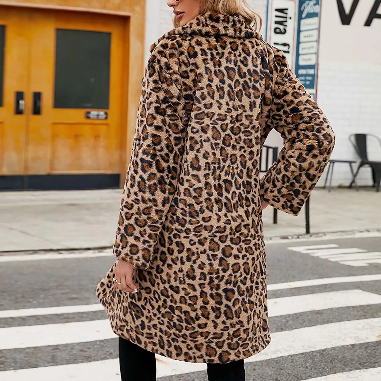 Ceboyel Womens Leopard Fleece Fuzzy Jacket Faux Fur Winter Coat Lapel Open Front Cardigan Fashion Trendy 2023 Outerwear