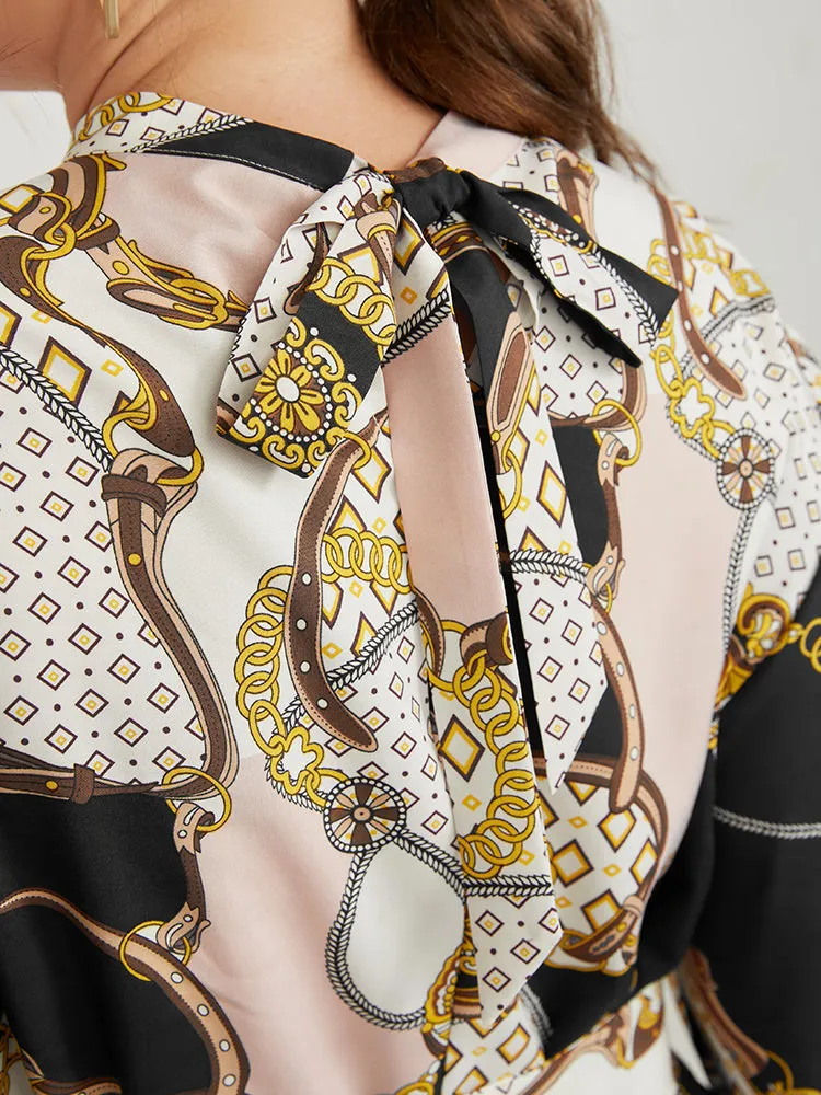 Chain Print Mock Neck Knotted Knee Dress