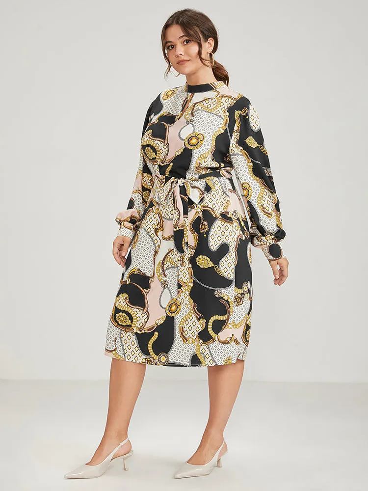 Chain Print Mock Neck Knotted Knee Dress