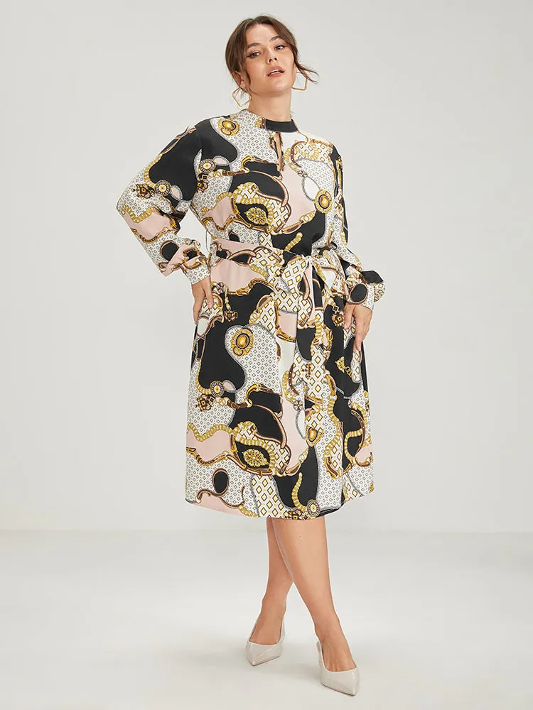Chain Print Mock Neck Knotted Knee Dress