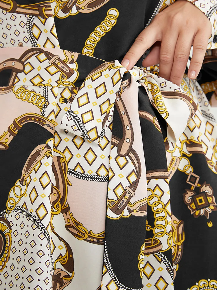 Chain Print Mock Neck Knotted Knee Dress